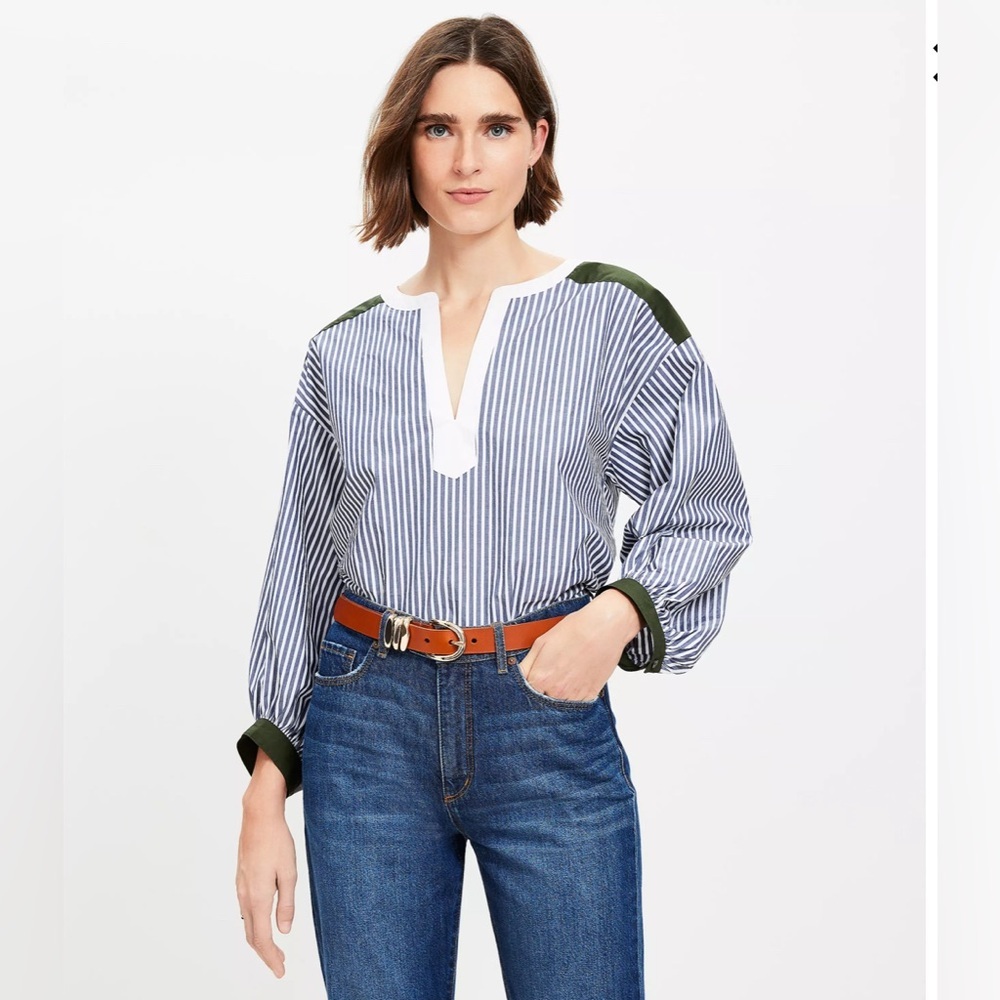 LOFT Colorblock Striped Poplin Split Neck Blouse NWT Size S